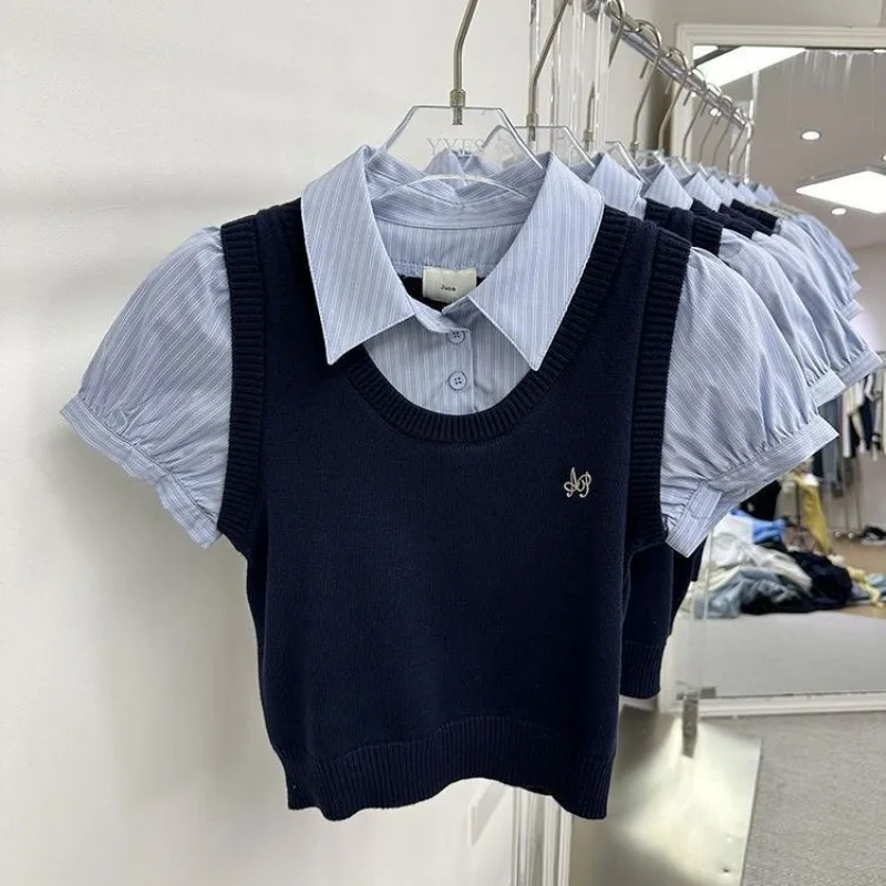 Chic Cute Puff Sleeve Kawaii School Uniform Inspired Top Navy Knit Vest with Striped Shirt Insert Sweet Girls Korean Fashion Y2K