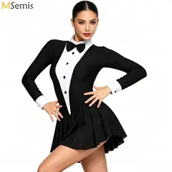 Womens Circus Ringmaster Cosplay Outfit Tuxedo Waitress Bowknot Button Long Sleeve Ruffle Dress Gymnastic Ballet Dance Costume