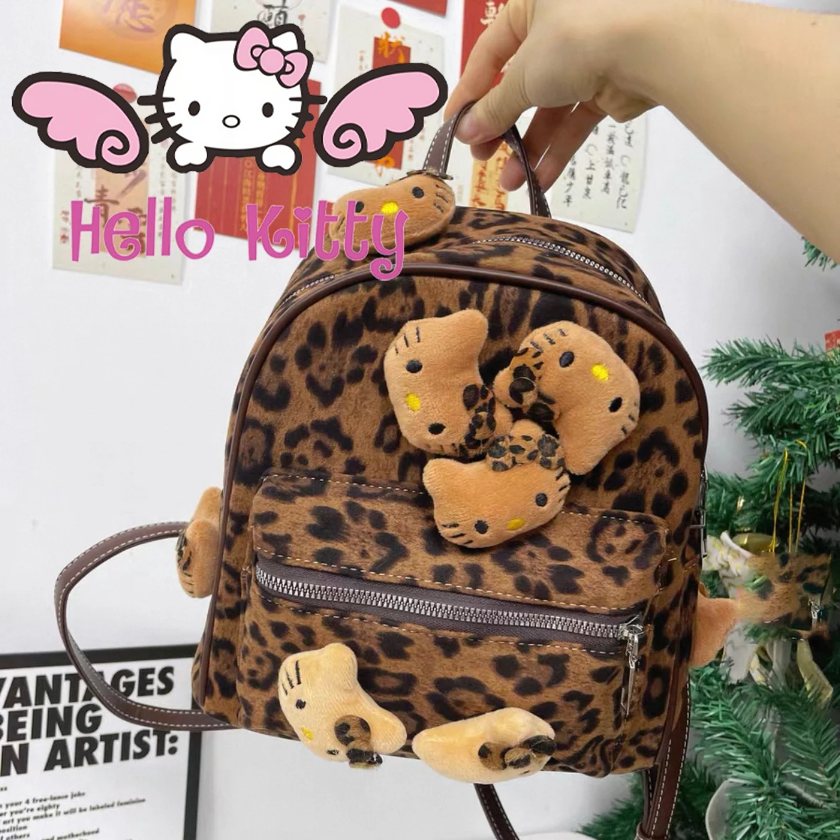 

My Kitty, натуральный мини-рюкзак Hello Kitty в стиле ретро с леопардовым принтом Y2K, сумка для пикантной девушки, милая женская сумка высокого качества с героями мультфильмов, подарок