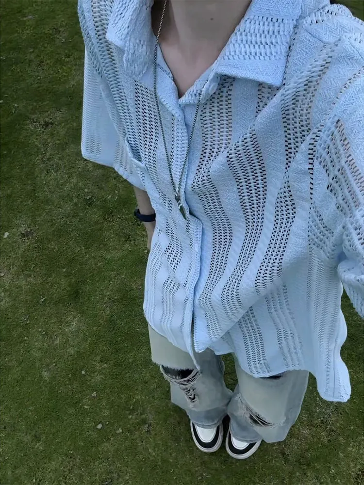 Blue Mesh Texture Men's Short Sleeve Shirt Lightweight Breathable Design Summer Sun Protection Casual Style Loose Fit Shirt