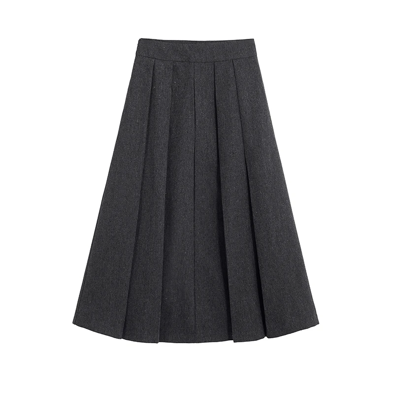 

YENKYE New Women Gray Wide Pleated A-line Midi Skirt Female Autumn Winter Office Elegant Skirts High Street