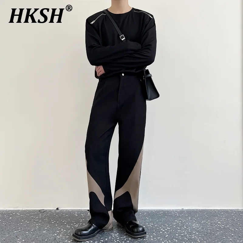 

HKSH Spring Tactical Punk Style Chic Color Contrast Straight Suit Pants Trend Techwear Versatile Patchwork Men's Trousers HK0584