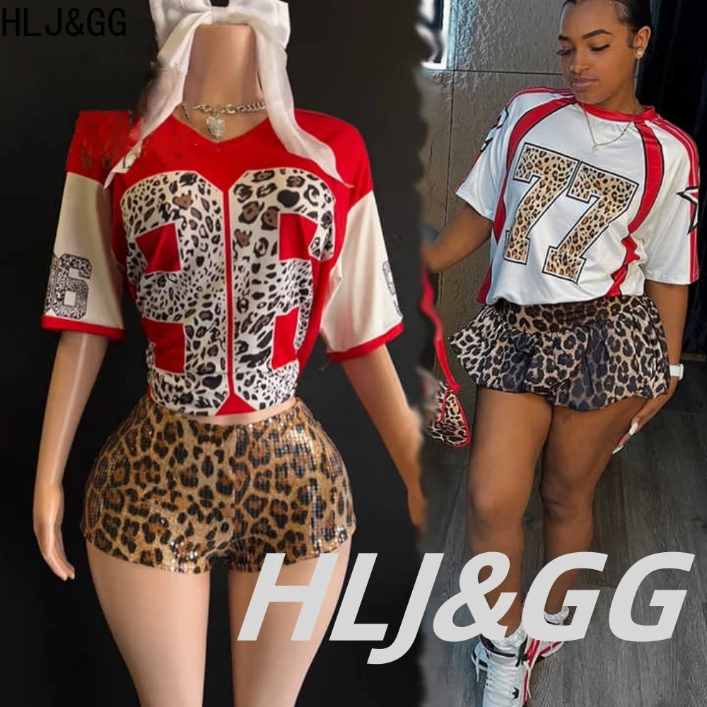 HLJ&GG Fashion Leopard Letter Print Two Piece Sets Women O Neck Short Sleeve Loose Tshirts And Sequin Shorts Outfits Streetwear