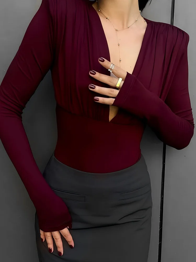 

Spring Autumn Sexy Deep V-ne Pleated Design One-piece Suit Women Long Sve Versatile Slimming Base Layer Top