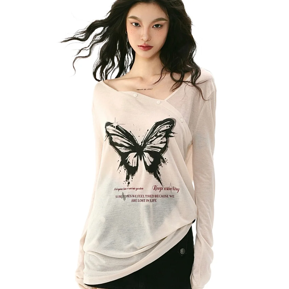 High Quality Hot Selling Bow Print Sunscreen Long Sleeved T-shirt with Women's Design Sense, One Shoulder Spicy Girl Top Gothic