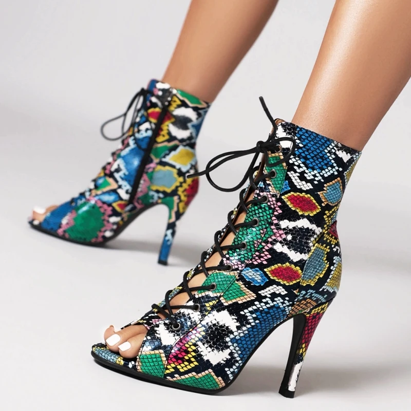 

Короткие сапоги с открытым носком, женская пикантная летняя обувь, леопардовая вечерняя танцевальная обувь, женские ботильоны на высоком каблуке со шнуровкой, большой размер 45