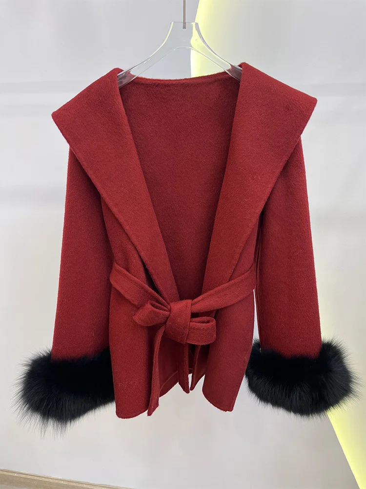 

New Real Fur Coat Winter Wool Woolen Jacket Women Natural Fox Fur Cuffs Cashmere Ladies Belt Outerwear Streetwear Hot Sale