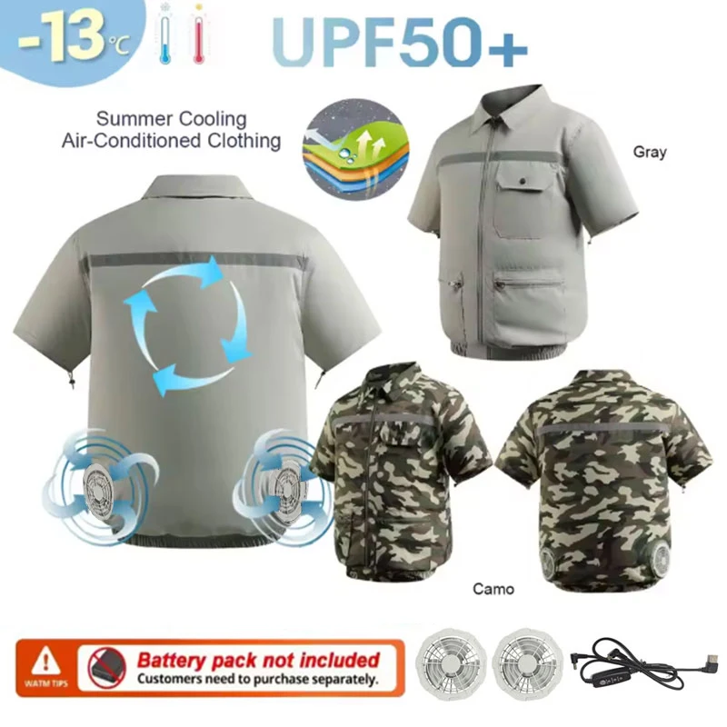 

Men Summer Wearable Cooling Fan Short Sleeve Air-Conditioned Clothes Cooling T-Shirt High Temperature Work Fishing Short Sleeve