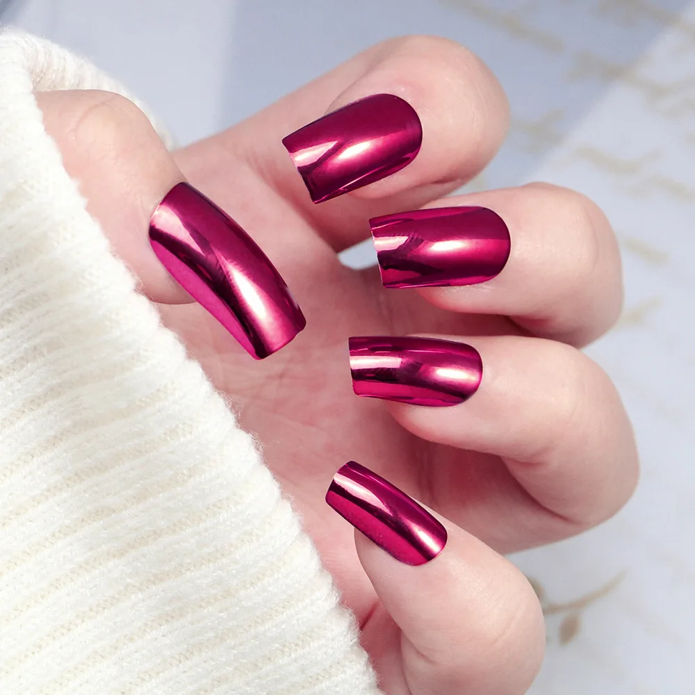 

24Pcs Long Square Press on Nails - Instagram Style Minimalist Mirror Fuchsia Solid Color False Nail For Women Girl