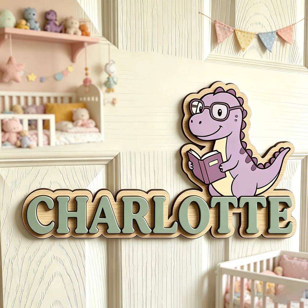 Personalized Reading Dinosaur Name Sign for The Dearest Baby, Wooden Nursery Decor with Bookish Dino, Unique Kids Door Plaque, B