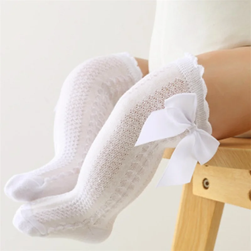 Chaussettes longues en maille pour bébés filles, bas décontractés pour nourrissons, nœud papillon mignon, document solide, princesse, printemps, été