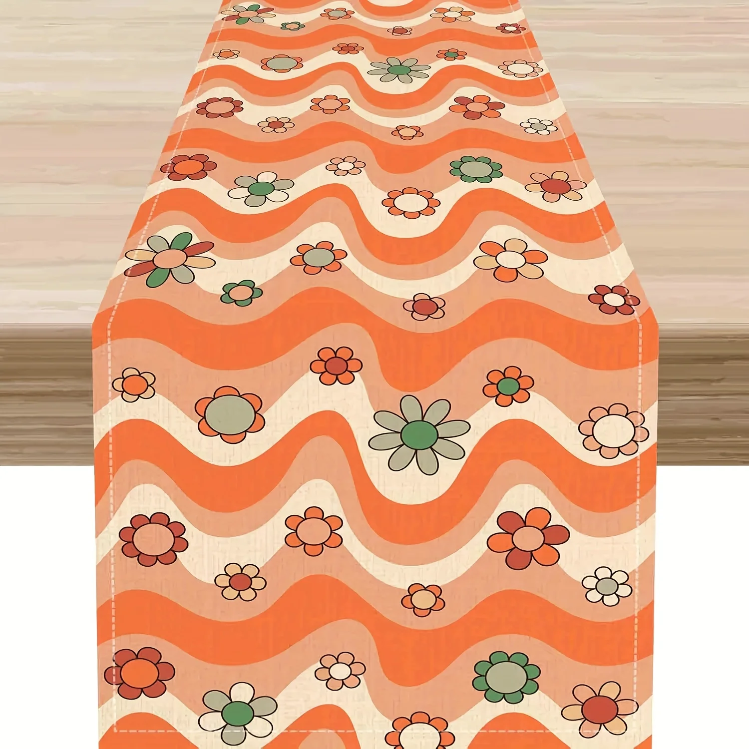 1 Piece of Orange Table Runner with a Combination of Wave and Floral Patterns, Suitable for Farmhouse, Indoor, Kitchen, Celebrations, Table Decoration, Restaurant, and Banquet Decoration Supplies