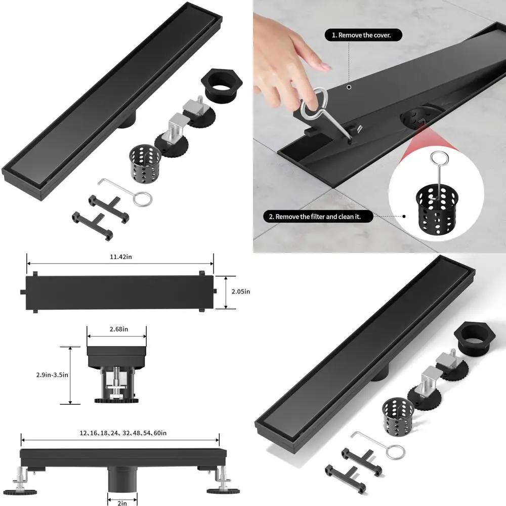 Adjustable Leveling Set, 304 Stainless Steel, Hair Strainer, 54-Inch Black Invisible Floor Drain