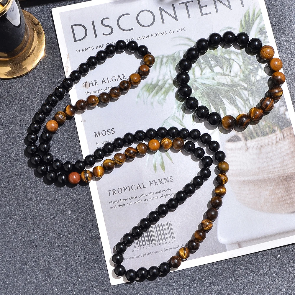 8mm Gelbe Tigerauge Schwarzer Onyx Perlenkette Herren und Damen Choker Lange Halskette Schmuckset – Detail 1