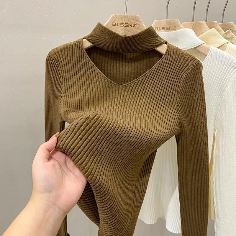 

Autumn Winter Pullover O- Neck Solid Long Sleeve Fashion Cashmere Jumper Women's Fashion Slim Sexy Hollow out Knitted Sweater