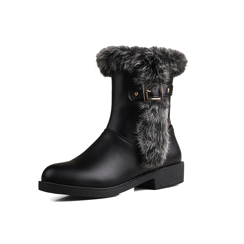 

Women's Winter Warm Furry Mid-Calf Snow Boots Waterproof Leather with Side Zipper Buckle Rivet Detail Fully Fur Lined for Winter