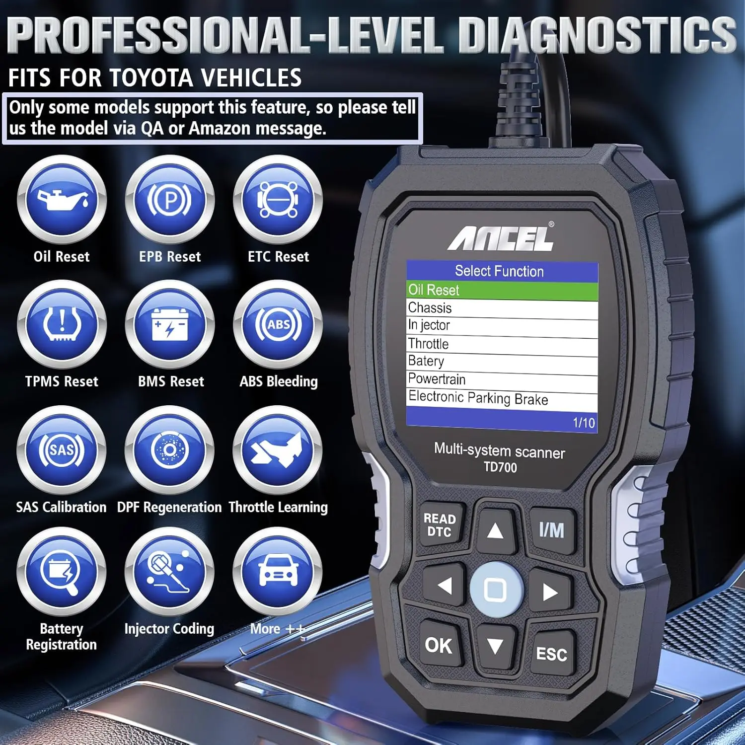 ANCEL TD700 OBD2 Scanner Car Diagnostic Scan Tool Toyota All System Code Reader Transmission Fluid Temperature TPMS Relearn ABS