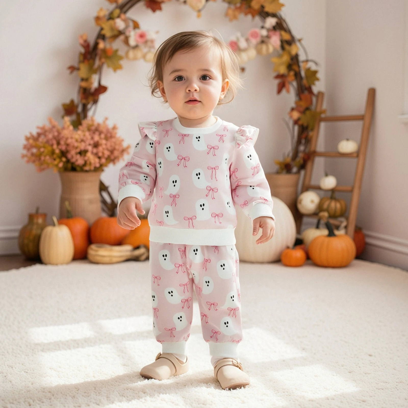 مجموعة ملابس الفتيات الصغيرات بلوفر بأكمام طويلة مطبوع عليه قرع الهالوين مع بنطال مكون من قطعتين #5
