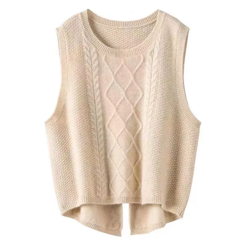 Pure Wool Knitted Vest Women's Fashionable Autumn Winter Outerwear Flower Twist Design Versatile Base Layer Top