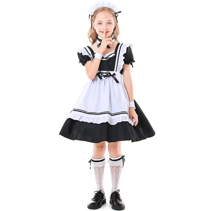 Nieuw Warm Kind Amine Schattige Lolita Franse Meid Cosplay Kostuum Zwart Wit Jurk Uniform Meisjes Serveerster Halloween Feestkostuums