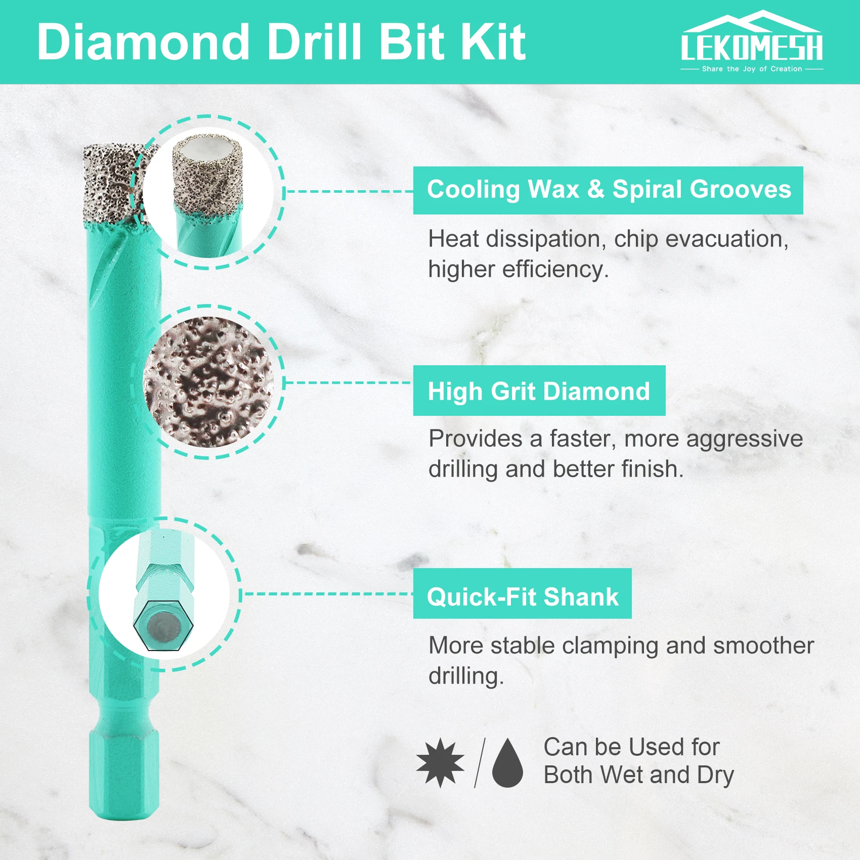 LEKOMESH 5pcs  Dia 6mm Diamond  Dry Drilling Bits Diamond Opener Core Drill For Ceramic Tile Marble Quick-Fit Shank Hole Saw