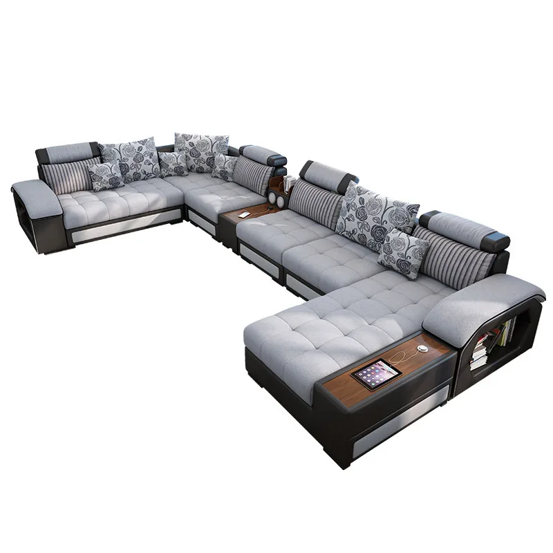 Modern Living Room Sofas Set 7 Seater U Shaped Reclinable Couches Luxury Microfiber Fabric Sectional Sofa for Home Furniture