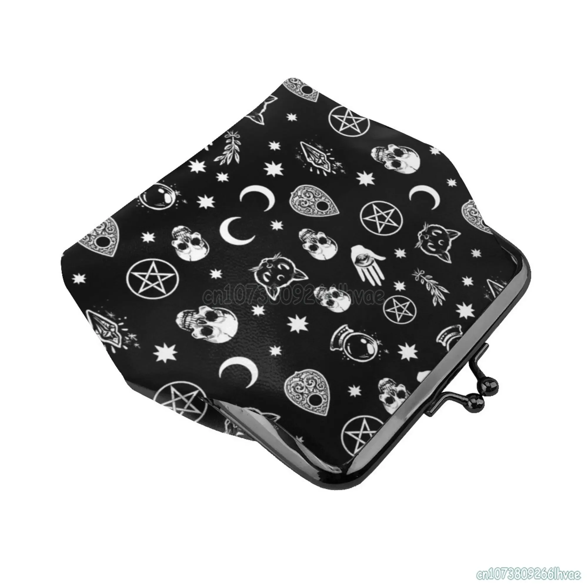Gothic Skull Cat Moon Leather Coin Purse Small Kiss-Lock Change Pouch Clasp Closure Buckle Wallet For Women Girls