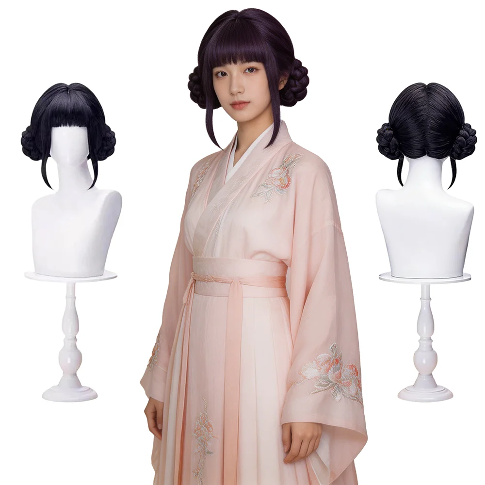 Double Bun Cosplay Wig With Bangs Black Dark Purple Zoey Heat Resistant Synthetic Full Wig For Women Daily Wear Anime Party