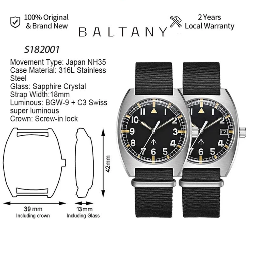 BALTANY NH35 Automatic Mechanical Retro Wristwatch Pilot Military Watch Sterile Dial Super Luminous Waterproof Calendar Fabric