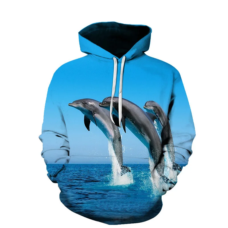 أسلوب الربيع والخريف؛ سويت شيرت بقلنسوة فضفاض بقلنسوة من مارين دولفين ثلاثي الأبعاد بنمط الطباعة الرقمية