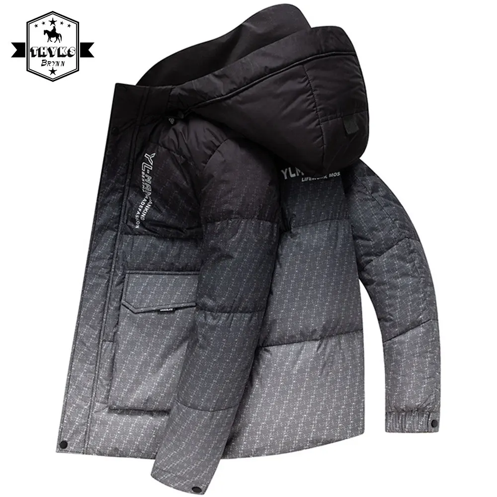 Chaqueta acolchada de moda para hombre, abrigos de otoño e invierno, gorra extraíble, ropa de abrigo de pato blanco, estampado degradado, Parkas, Tops cálidos para jóvenes