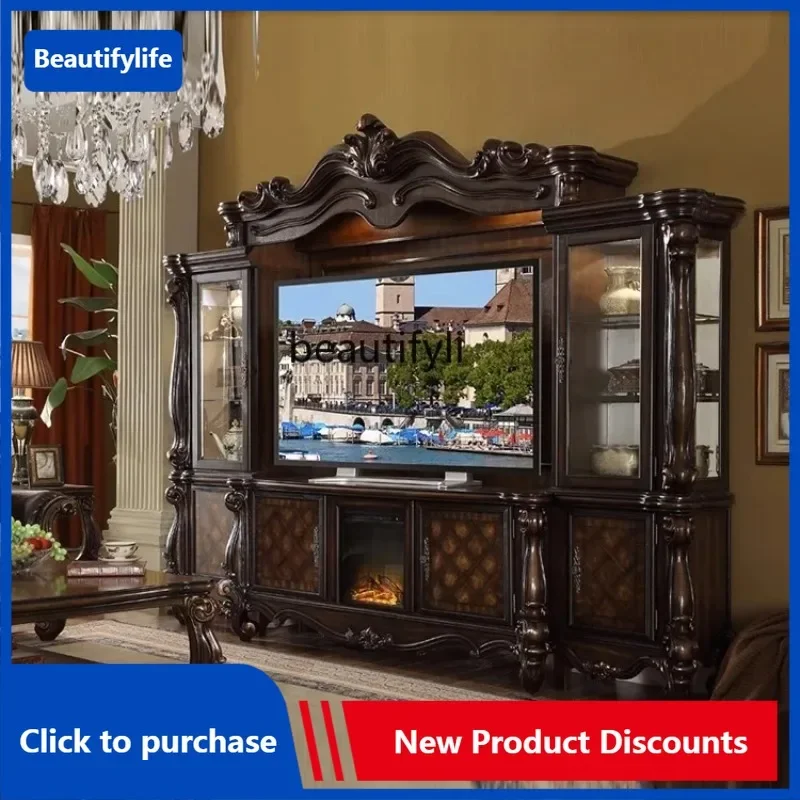 54European-Style Solid Wood Combined TV Cabinet Living Room Large Display Cabinet for Accessories Background Wall Curio Cabine