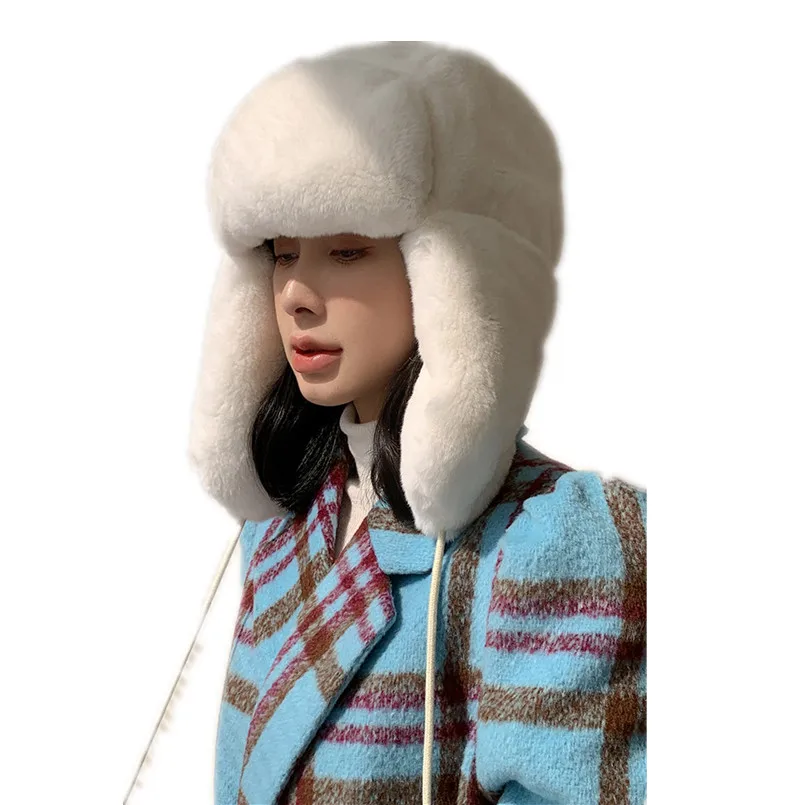 

Cold Weather Aviator Pilots Bomber Hat Real Rex Rabbit Fur Hat Women Winter Trapper Hat with Ear Flaps Ushanka