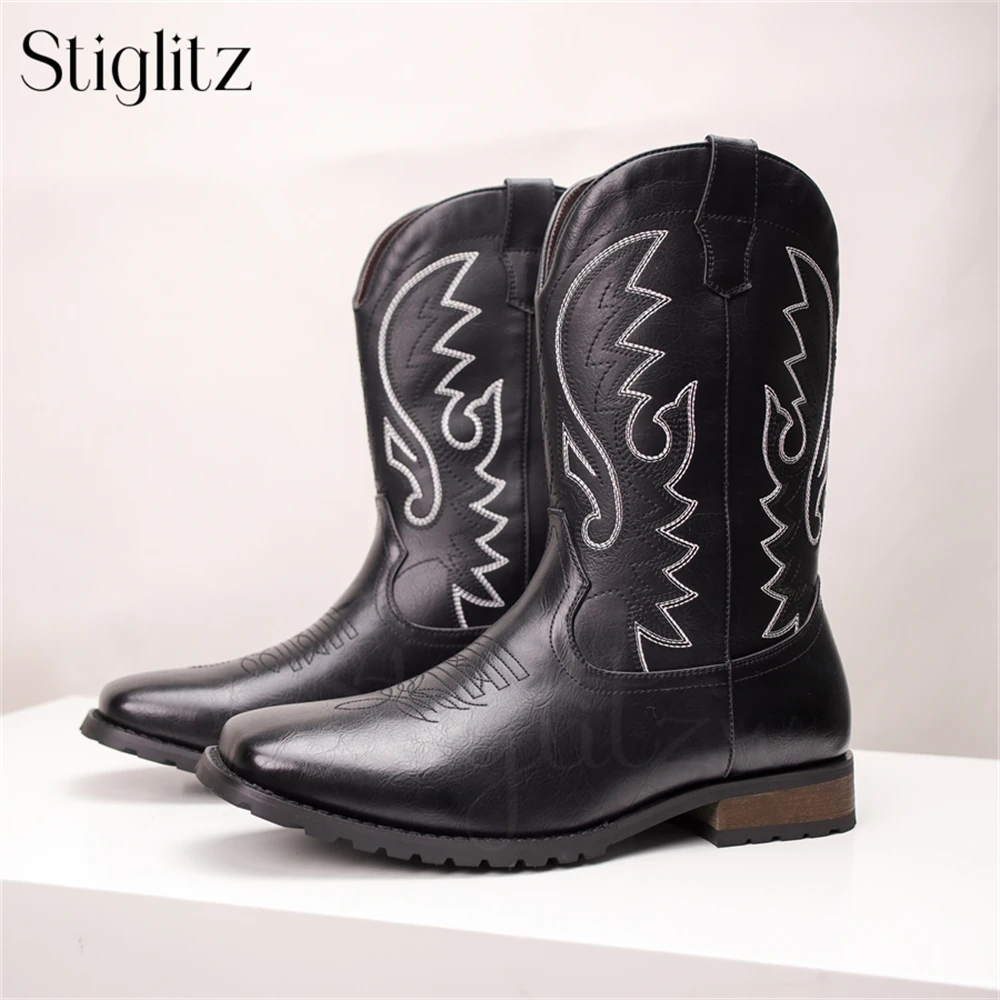 

Vintage Style Embroidered Calf Boots for Men Classic Style Designer Western Cowboy Boots Square Toe Slip on Boots New Arrivals