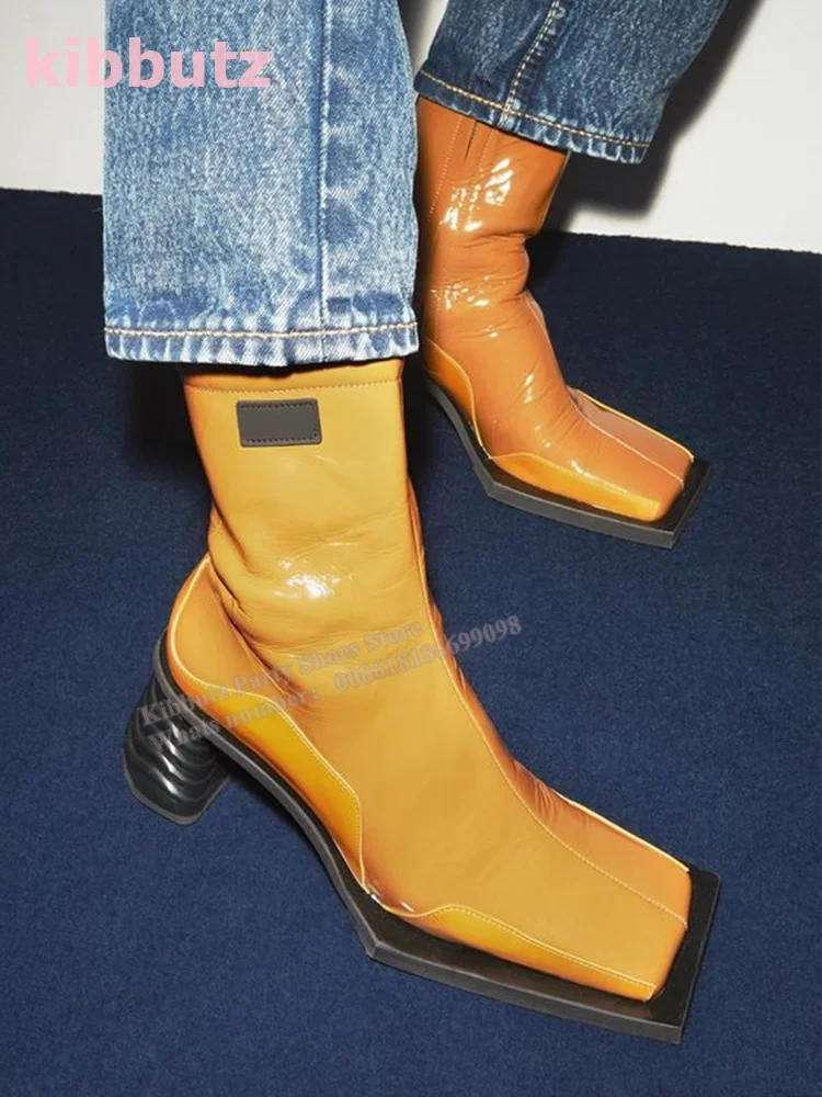 Vintage Ankle Boots Square Toe Chunky Heel Side Zipper Genuine Leather Solid Orange Fashion Elegant Sexy Women Shoes 2023 Newest