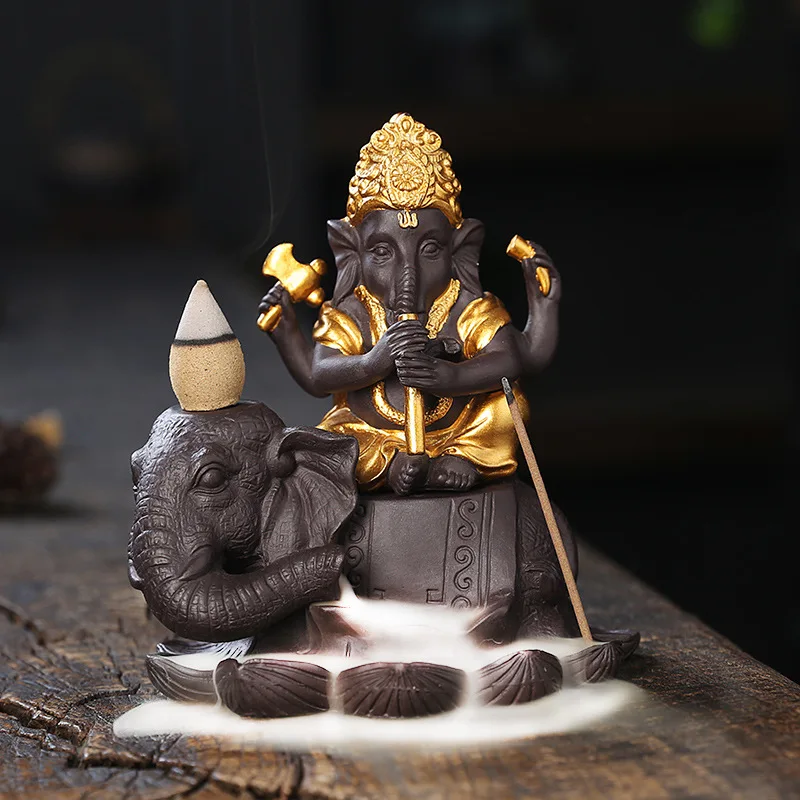 Ganesha Backflow Incense Elephant God Emblem Auspicious and Success Ceramic Holder Aroma Censer Home Decor Crafts