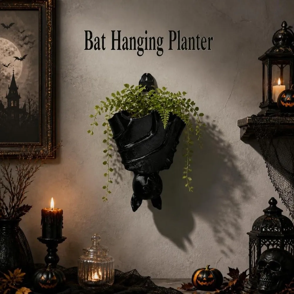 Unique 3D Printed Bat Hanging Planter Gothic Style Halloween Bat Wing Flowerpot Whimsical Funny Wall Plant Pot Living Room