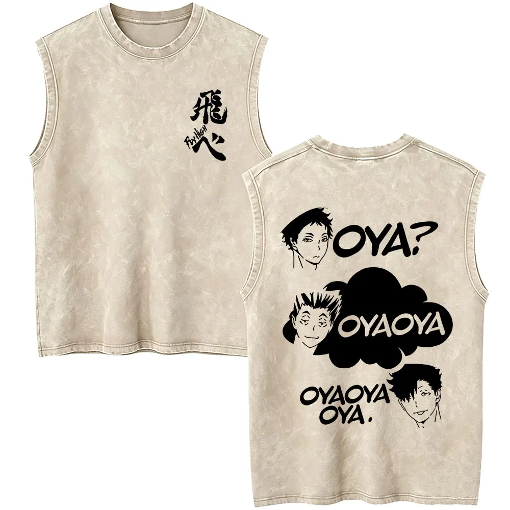 Anime Haikyuu Akaashi Keiji Bokuto Kotaro Kuroo Tetsuro Fly High Oya Oya Oya Vintage Washed Tank Tops Men Sleeveless Vest Tshirt