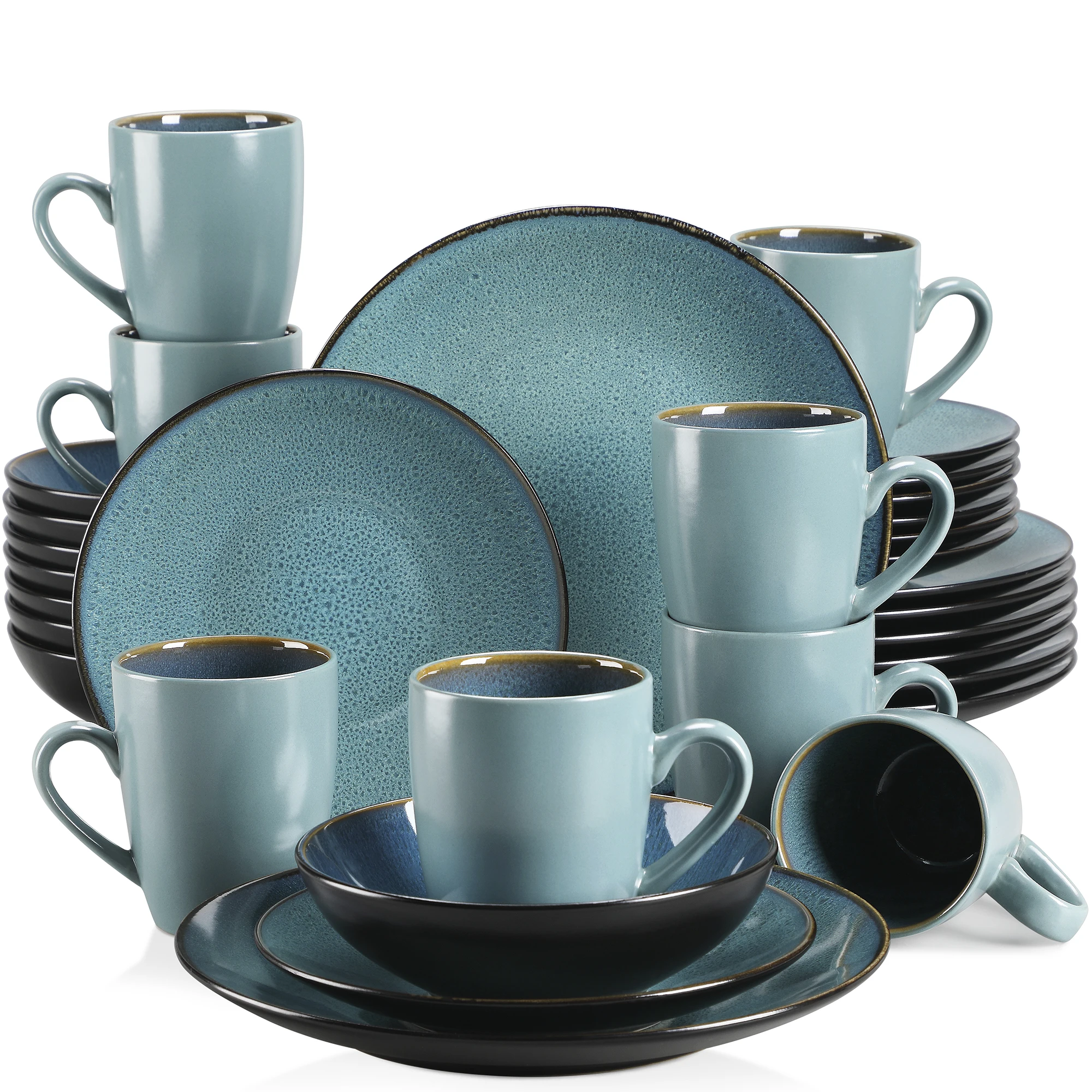 VANCASSO BUBBLE 16/32-delige serviesset vintage keramiek blauw/bruin steengoed set met diner- en dessertbord, kom, koffiekopjes