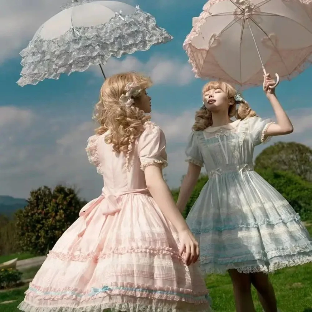 

Elegant Retro Daily Princess OP Dress Doll Collar Puff Sleeve High Waist Lace-up Slim Sweet Cute Lolita Pink Short Dress Women