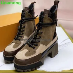 Botas grossas com cordões de salto quadrado para mulheres, botas altas de dedo do pé redondo, cores misturadas, design de luxo, moda feminina, novo, 2024