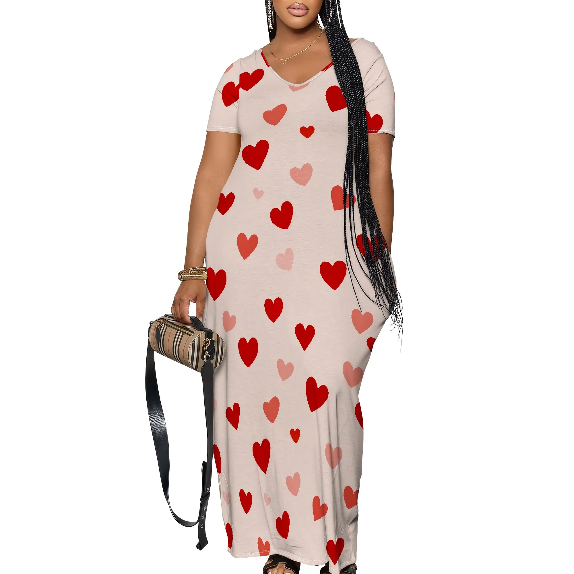 

Women's Casual Loose Dress Valentine's Day Print Round Neck Short Sleeve MIDI Skirt