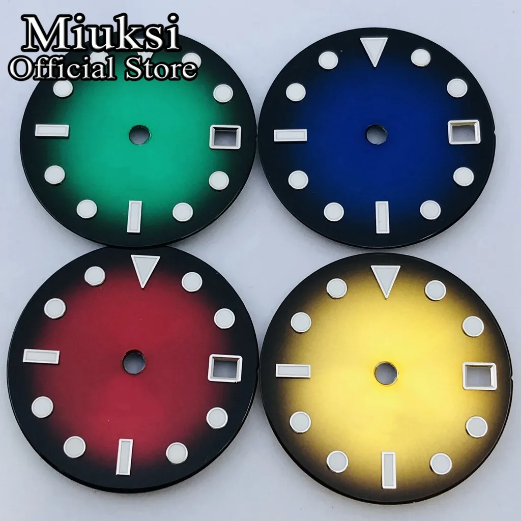 Miuksi 29mm black blue green yellow sterile watch dial luminous fit NH34 NH35 movement fit 3 o\'clock crown 3.8 o\'clock crown