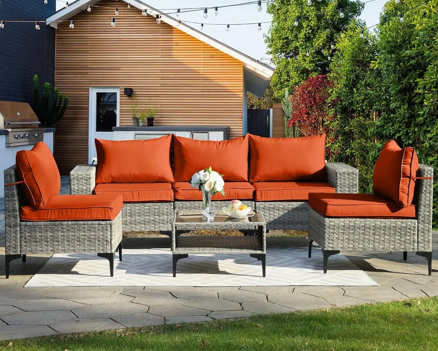 

Rattan Furniture Set 6 Pieces Wicker Patio Conversation Set Outdoor Rattan Sectional Sofa Couch Set w/Thickened Cushions & Table