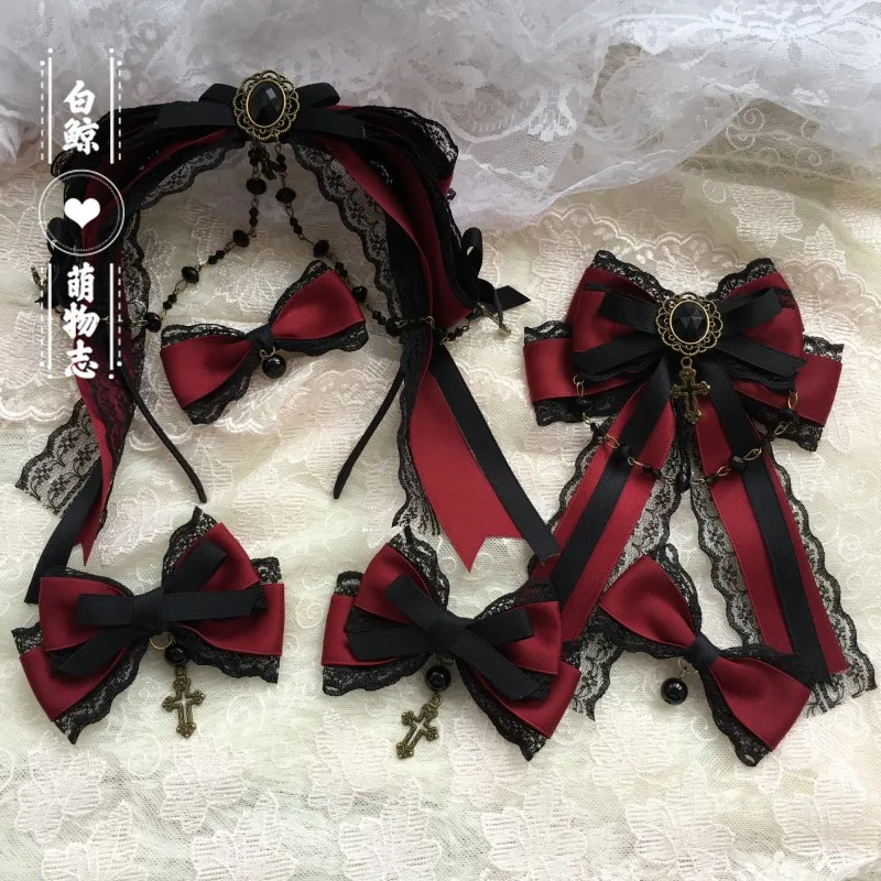 

Original Dark Burgundy Lolita Bow Hairpin Lolita Headgear Gothic Style Girls Headgear Rhinestone Hair Pin Butterfly Rhinestone