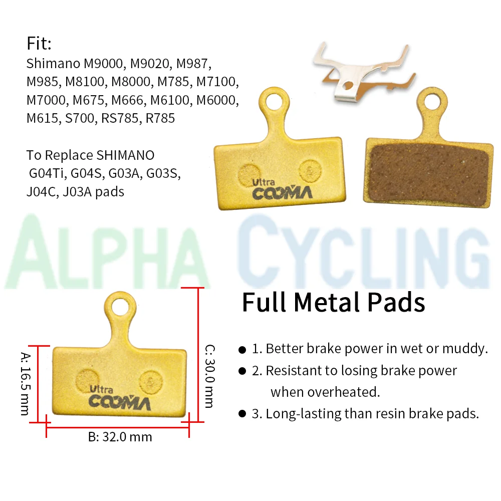 Bicycle Disc Brake Pads for Shimano XTR, DEORE XT, SLX, DEORE, ALFINE Caliper, 4 Pairs Gold Full Metal