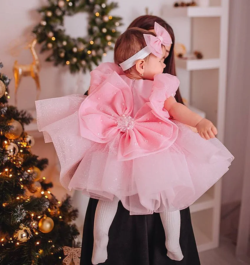 Puffy Pink Flower Girl Dresses for Wedding Kids Bow Christening Princess 1st Birthday Children Tutu Baby Girl Clothes Customized