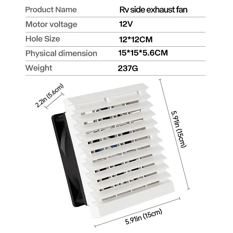 RV Side Wall Exhaust Fan ABS Ventilation Fan for Caravan Motorhome Camper Trailer with Exterior Vent Cover