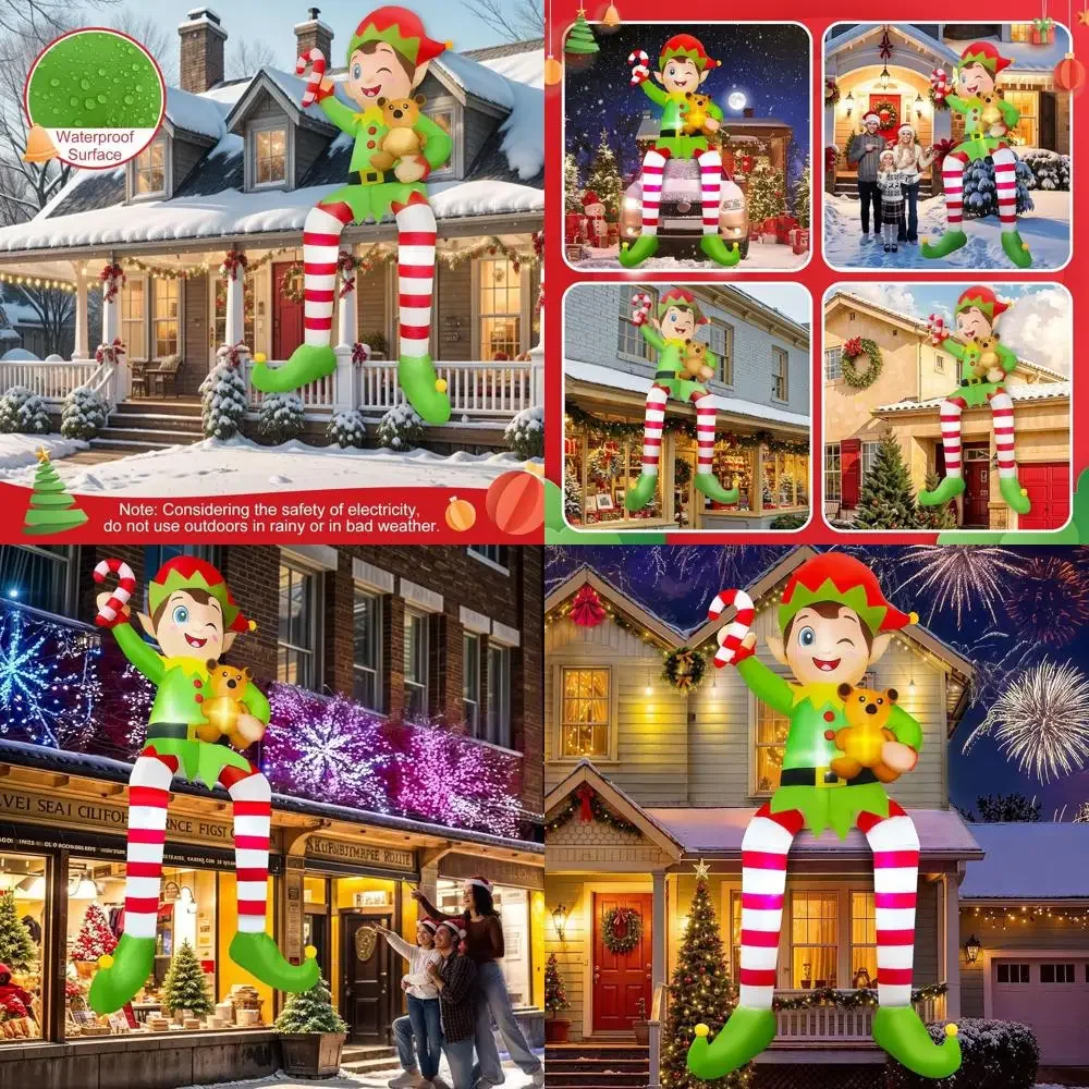 

Гигантский светодиодный надувной сидящий эльф, рождественский надувной для наружной крыши, балкона, газона, украшений