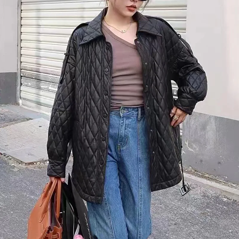 Leather Jackets for Women Winter Lapel Rhombic Lattice Padding Cotton Fashion Belt Slim Khaki Sheepskin Veste Matelassée Femme